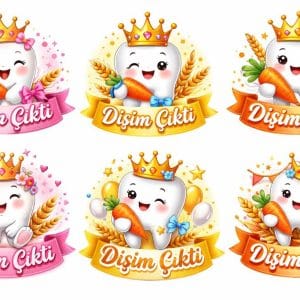 Diş Buğdayı Dişim Çıktı Taçlı Diş Karton Etiket – Kürdan & Pasta Süsü Varyasyonlu