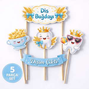Diş Buğdayı Pasta Üstü Süs Seti – Dişim Çıktı Mavi 5 Parça