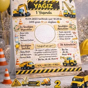 İnşaat Temalı Kişiye Özel 1 Yaş Ayaklı Anı Panosu – 50 cm | 70 cm | 100 cm