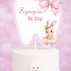 Kişiye Özel Tavşanlı Diş Buğdayı Pasta Süsü – İsimli Pembe Cake Topper