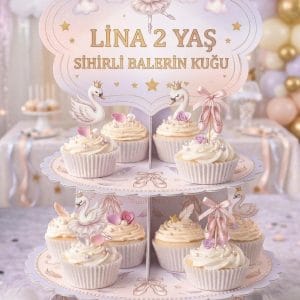Kuğu Balerin Cupcake Standı & Kürdan Seti (Kişiye Özel)