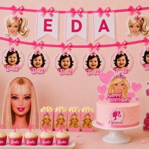 Kişiye özel Barbie mini parti seti pembe doğum günü masa süsü