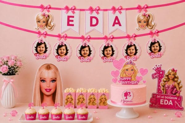Kişiye özel Barbie mini parti seti pembe doğum günü masa süsü
