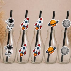 🚀 Uzay Temalı Cam Şişe ve Pipet Seti (6'lı)