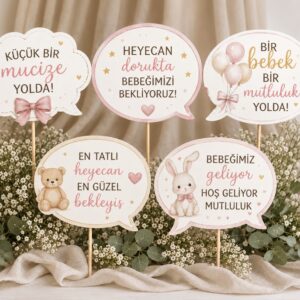 Pembe bebek müjdesi konuşma balonları 5’li set, çubuk hariç yaklaşık 20 × 18 cm ölçü gösterimi.