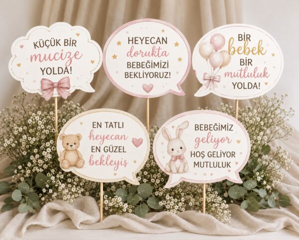 Pembe bebek müjdesi konuşma balonları 5’li set, çubuk hariç yaklaşık 20 × 18 cm ölçü gösterimi.
