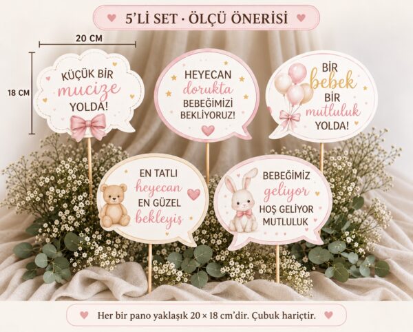 Pembe bebek müjdesi konuşma balonları 5’li set, çubuk hariç yaklaşık 20 × 18 cm ölçü gösterimi.