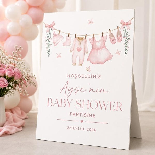 Kişiye özel bebek kıyafetleri temalı Baby Shower ayaklı karşılama panosu, isim ve tarih baskılı foreks dekor pano.