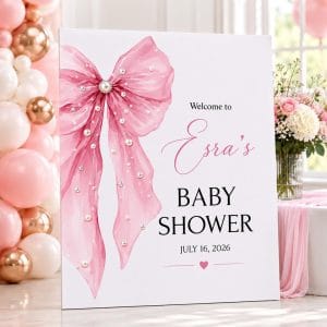 Kişiye özel pembe fiyonklu baby shower ayaklı karşılama panosu, isim ve tarih eklenebilen 5 mm Foreks baskılı hoş geldiniz panosu.