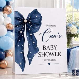 Kişiye özel mavi fiyonklu baby shower ayaklı karşılama panosu, isim ve tarih eklenebilen 5 mm Foreks baskılı hoş geldiniz panosu.