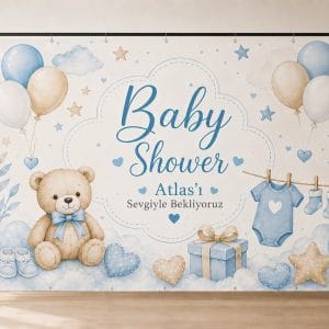 Ayıcıklı Baby Shower Temalı Kişiye Özel Erkek Bebek Doğum Günü Panosu