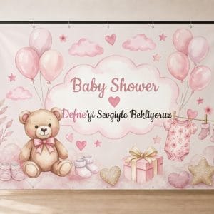 Ayıcıklı Baby Shower Temalı Kişiye Özel Kız Bebek Doğum Günü Panosu