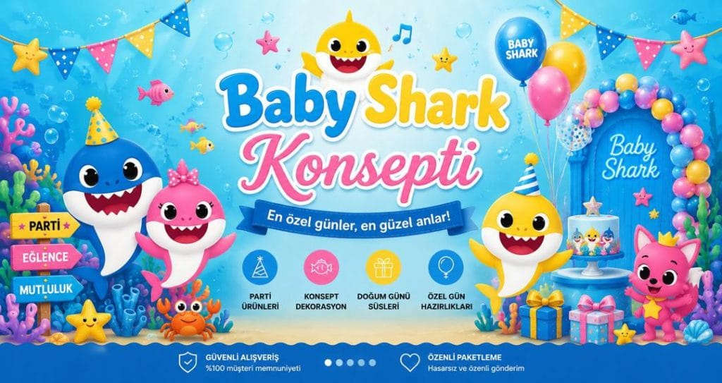 🦈 Baby Shark → Baby Shark temalı doğum günü parti konsepti masa süsleri ve dekorasyon fikirleri