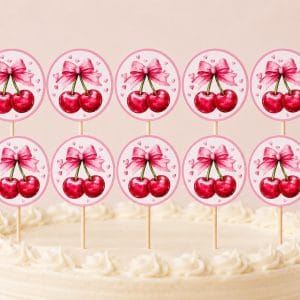 Kiraz temalı cupcake süsü 10'lu ahşap kürdanlı cupcake topper