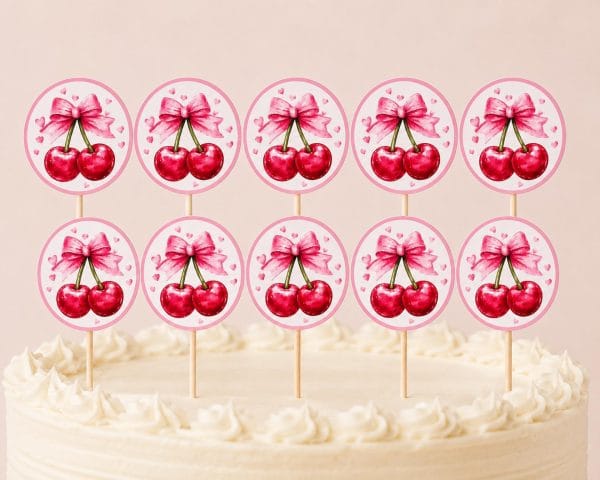 Kiraz temalı cupcake süsü 10'lu ahşap kürdanlı cupcake topper
