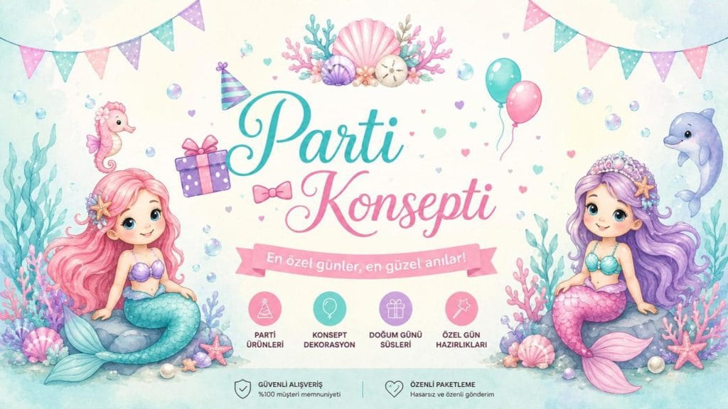 🧜 Deniz Kızı → Deniz kızı temalı doğum günü parti konsepti masa süsleri ve dekorasyon fikirleri
