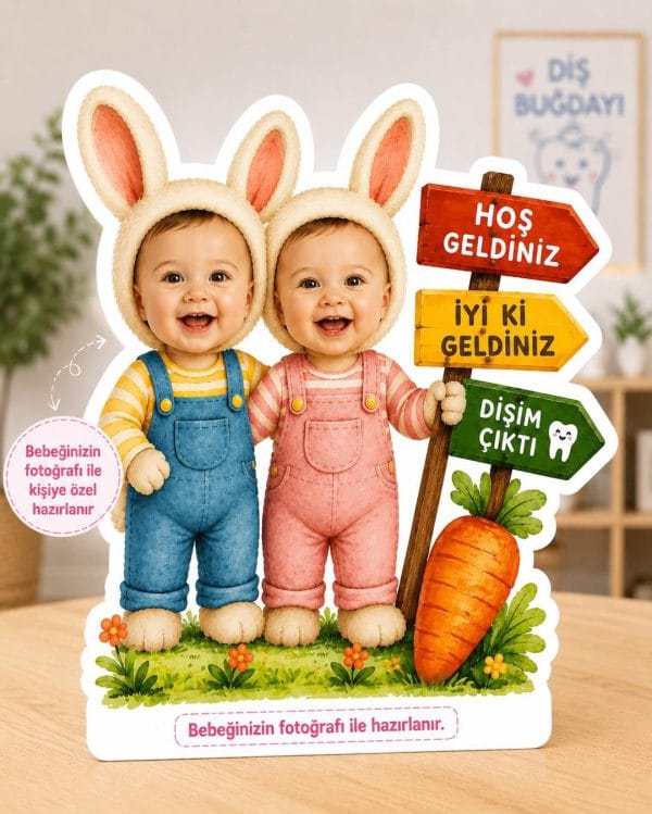 Kişiye özel fotoğraflı ikiz tavşan ayaklı pano, diş buğdayı konsepti, 35 cm ve 55 cm boy seçenekleri