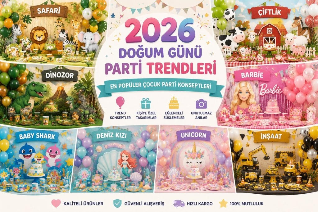 2026 Doğum Günü Parti Trendleri kapak görseli - Safari, Çiftlik, Dinozor, Unicorn, Barbie ve Baby Shark çocuk parti konseptleri