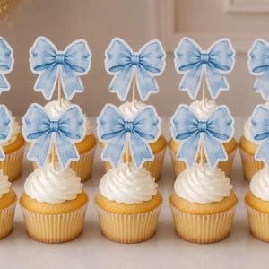 Baby Shower mavi fiyonk temalı cupcake kürdan süsü 10'lu kişiye özel parti dekoru