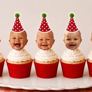 Kiraz temalı kişiye özel fotoğraflı cupcake süsü, 5'li cupcake topper, 1 yaş doğum günü dekorasyonu