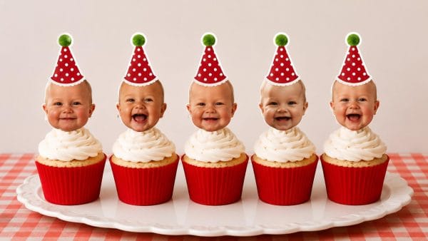 Kiraz temalı kişiye özel fotoğraflı cupcake süsü, 5'li cupcake topper, 1 yaş doğum günü dekorasyonu