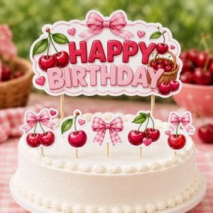 Kiraz temalı Happy Birthday pasta süsü ve mini cake topper seti