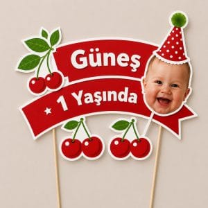 Kiraz temalı kişiye özel fotoğraflı pasta süsü, 1 yaş doğum günü için isimli cake topper