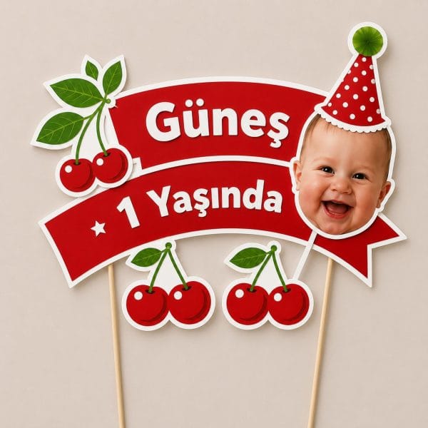 Kiraz temalı kişiye özel fotoğraflı pasta süsü, 1 yaş doğum günü için isimli cake topper