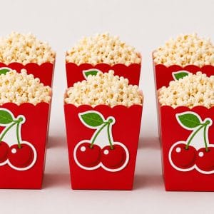 Kiraz temalı kişiye özel popcorn kutusu, 1 yaş doğum günü partisi için kırmızı karton patlamış mısır kutuları