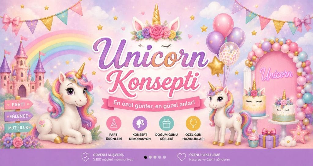 Unicorn temalı doğum günü parti konsepti masa süsleri ve dekorasyon fikirleri