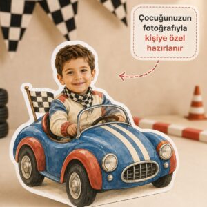 Çocuk fotoğrafıyla kişiselleştirilen mavi yarış arabası ayaklı doğum günü panosu