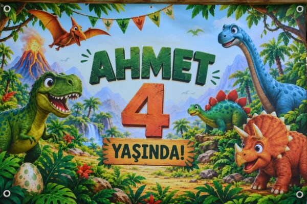 Dinozor konseptli Ahmet 4 yaşında kişiye özel doğum günü afişi, dört köşe kuşgözlü branda