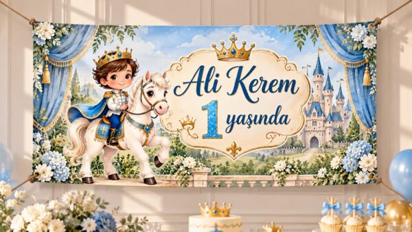 Ali Kerem 1 yaşında yazılı, beyaz atlı prens ve şato temalı, dört köşesi iple bağlanmış doğum günü afişi