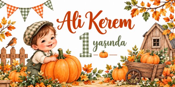 Bal kabağı konseptli kişiye özel 1 yaş doğum günü afişi, dört köşesi kuşgözlü branda baskı