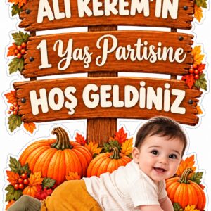 Bal kabağı konseptli kişiye özel fotoğraflı hoş geldiniz ayaklı pano, 1 yaş doğum günü karşılama dekoru
