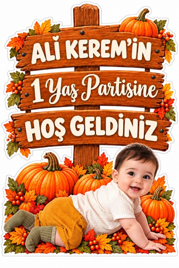 Bal kabağı konseptli kişiye özel fotoğraflı hoş geldiniz ayaklı pano, 1 yaş doğum günü karşılama dekoru