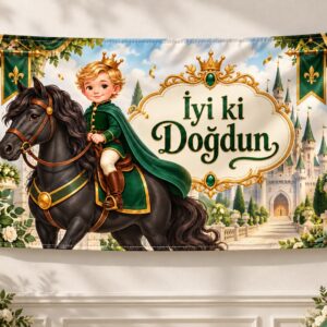 Yeşil atlı prens temalı kuşgözlü doğum günü brandası