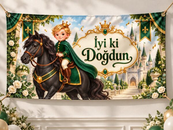 Yeşil atlı prens temalı kuşgözlü doğum günü brandası
