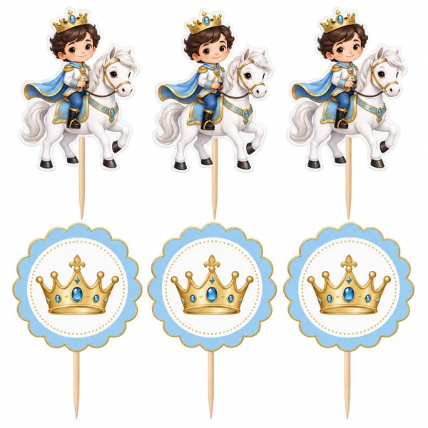 Atlı Prens Cupcake Kürdan Süsü 6'lı Set – Mavi Prens ve Altın Taç
