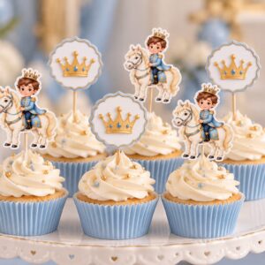 Atlı Prens Cupcake Kürdan Süsü 6'lı Set – Mavi Prens ve Altın Taç