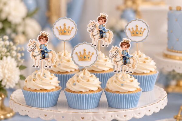 Atlı Prens Cupcake Kürdan Süsü 6'lı Set – Mavi Prens ve Altın Taç