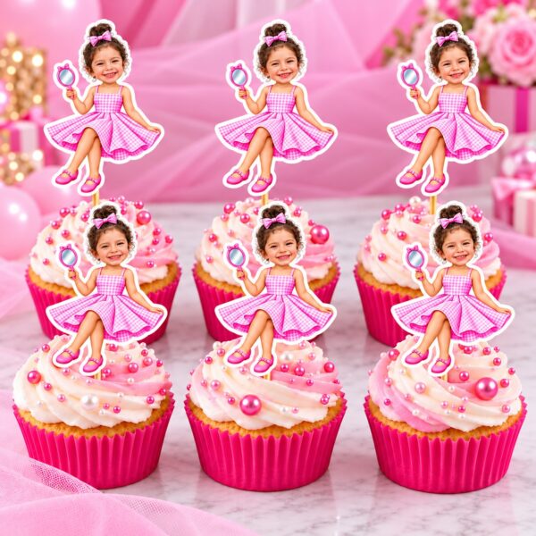 Kişiye özel fotoğraflı pembe elbiseli kız cupcake süsü 6'lı set