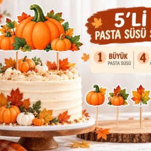 Bal kabağı konseptli 5'li pasta süsü seti, 1 büyük bal kabağı pasta süsü ve 4 küçük kürdan süsü