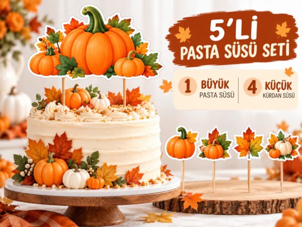 Bal kabağı konseptli 5'li pasta süsü seti, 1 büyük bal kabağı pasta süsü ve 4 küçük kürdan süsü