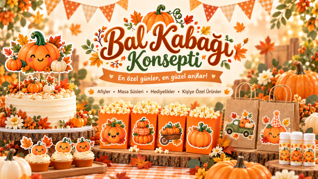 Bal kabağı temalı doğum günü masasında pasta süsleri, popcorn kutuları, kraft hediyelik çantalar ve köpük baloncuklar