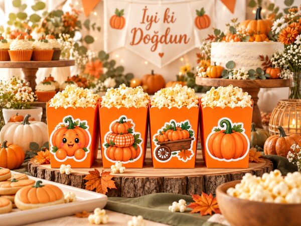 Bal kabağı konseptli turuncu popcorn kutuları, sonbahar temalı doğum günü masasında 8'li set ürün sunumu