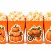 Bal kabağı konseptli turuncu popcorn kutuları, sonbahar temalı doğum günü masasında 8'li set ürün sunumu