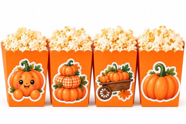 Bal kabağı konseptli turuncu popcorn kutuları, sonbahar temalı doğum günü masasında 8'li set ürün sunumu