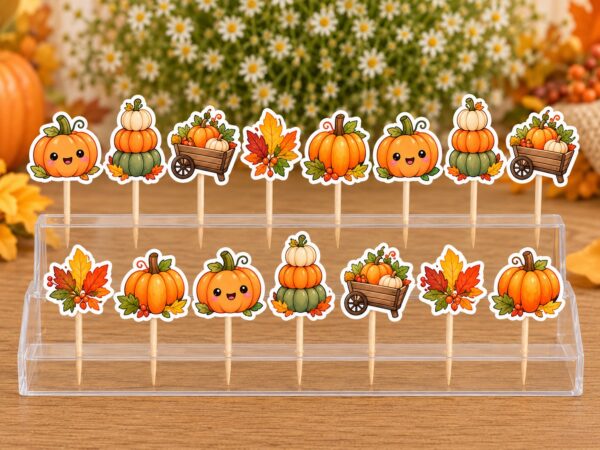 Bal kabağı konseptli 15'li kürdan süsü seti, 5 farklı sonbahar figürlü cupcake süsleri
