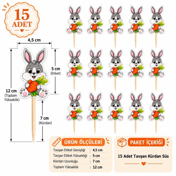 Havuç tutan tavşan figürlü kürdan süs 15'li set, doğum günü ve Peter Rabbit konsept parti süsü